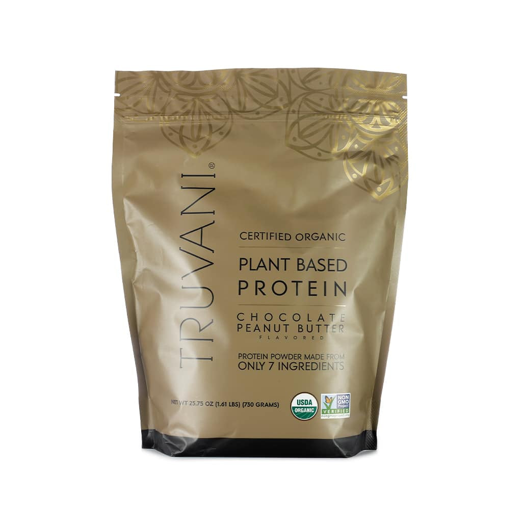 A tan pouch of Truvani Certified Organic Plant Based Protein Powder in chocolate peanut butter flavor, made from only 7 ingredients, USDA organic, and non-GMO verified, weighing 25.75 oz (730g). 