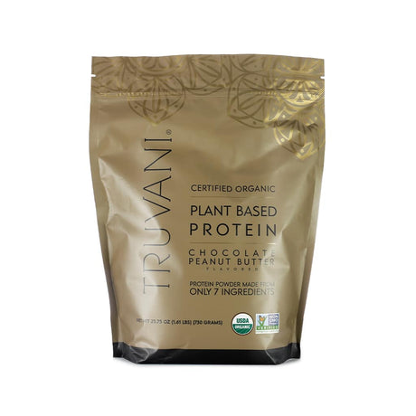 A tan pouch of Truvani Certified Organic Plant Based Protein Powder in chocolate peanut butter flavor, made from only 7 ingredients, USDA organic, and non-GMO verified, weighing 25.75 oz (730g). 