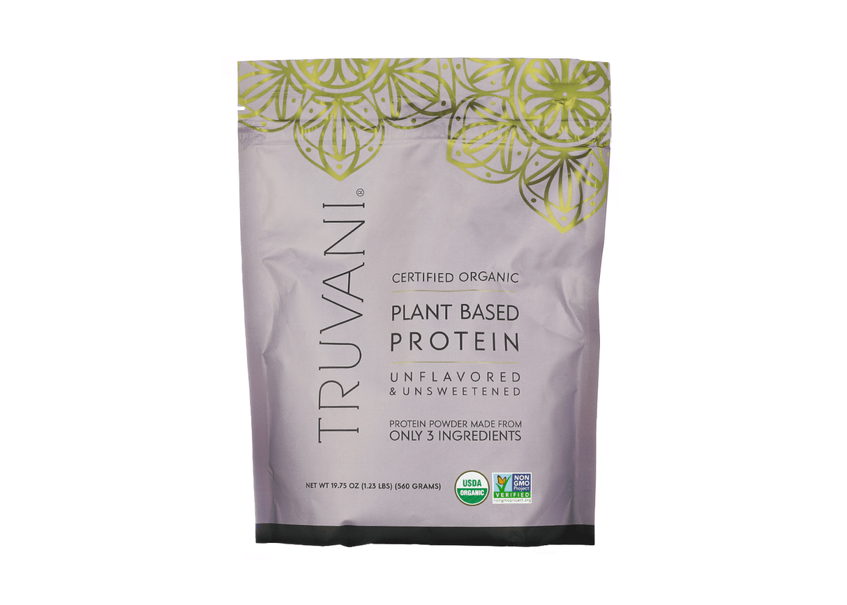 A purple pouch of Truvani Certified Organic Plant Based Protein Powder in unflavored and unsweetened variety, made from only 3 ingredients, USDA organic, and non-GMO verified, weighing 19.75 oz (560g).