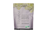 A purple pouch of Truvani Certified Organic Plant Based Protein Powder in unflavored and unsweetened variety, made from only 3 ingredients, USDA organic, and non-GMO verified, weighing 19.75 oz (560g).