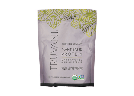 A purple pouch of Truvani Certified Organic Plant Based Protein Powder in unflavored and unsweetened variety, made from only 3 ingredients, USDA organic, and non-GMO verified, weighing 19.75 oz (560g).