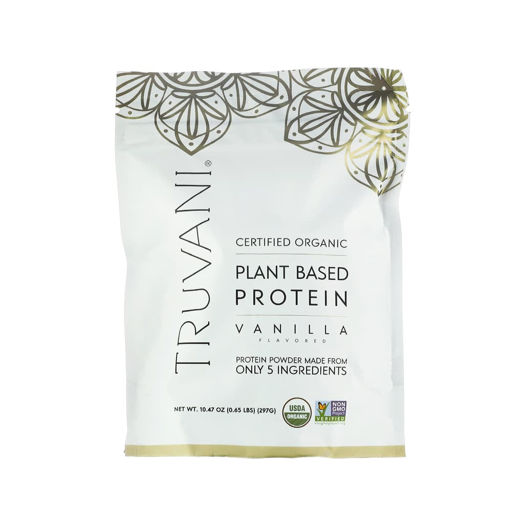 A white pouch of Truvani Certified Organic Plant Based Protein Powder in vanilla flavor. The front highlights that it is made from only 5 ingredients, USDA organic, non-GMO verified, and weighs 10.47 oz (297g).