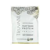 A white pouch of Truvani Certified Organic Plant Based Protein Powder in vanilla flavor. The front highlights that it is made from only 5 ingredients, USDA organic, non-GMO verified, and weighs 10.47 oz (297g).