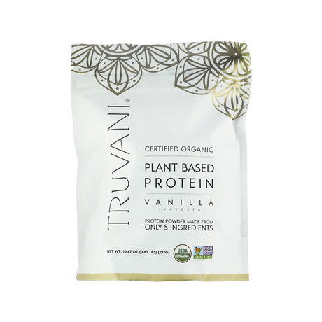 A white pouch of Truvani Certified Organic Plant Based Protein Powder in vanilla flavor. The front highlights that it is made from only 5 ingredients, USDA organic, non-GMO verified, and weighs 10.47 oz (297g).