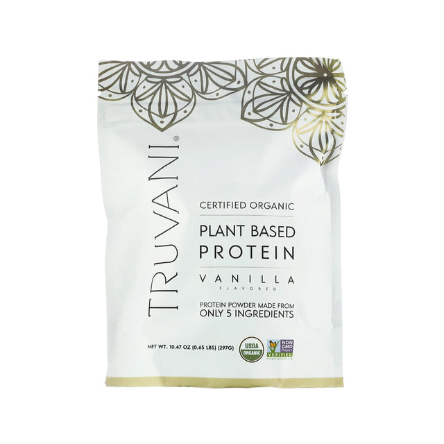 A white pouch of Truvani Certified Organic Plant Based Protein Powder in vanilla flavor. The front highlights that it is made from only 5 ingredients, USDA organic, non-GMO verified, and weighs 10.47 oz (297g).