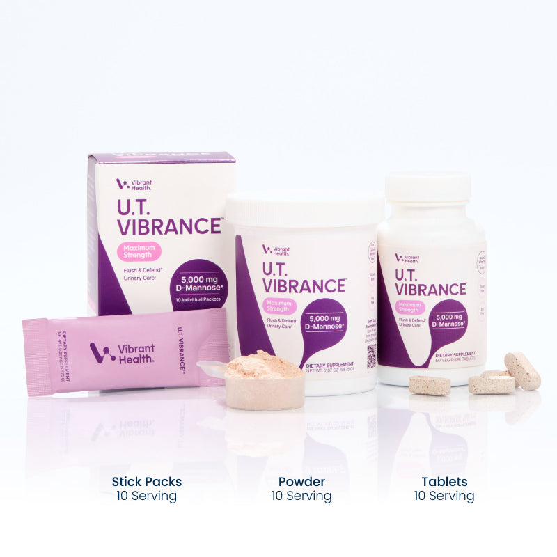 Vibrant Health U.T. Vibrance stick packs, powder tub and tablet bottle in the new purple and white packaging