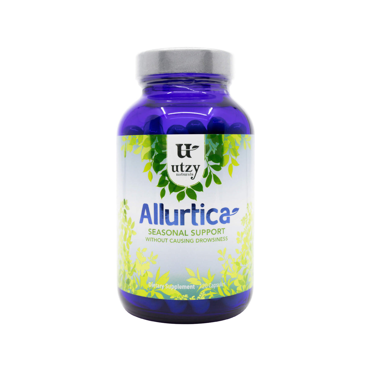 Utzy Naturals Allurtica bottle containing 120 capsules, labeled as a dietary supplement for seasonal support without causing drowsiness. The packaging features a blue bottle with a silver cap and a label decorated with green foliage.