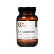 Amber bottle of Utzy Naturals L-Glutathione featuring 250mg of Setria brand L-glutathione. The label highlights benefits such as antioxidant protection, immune support, and liver health, and contains 60 capsules.
