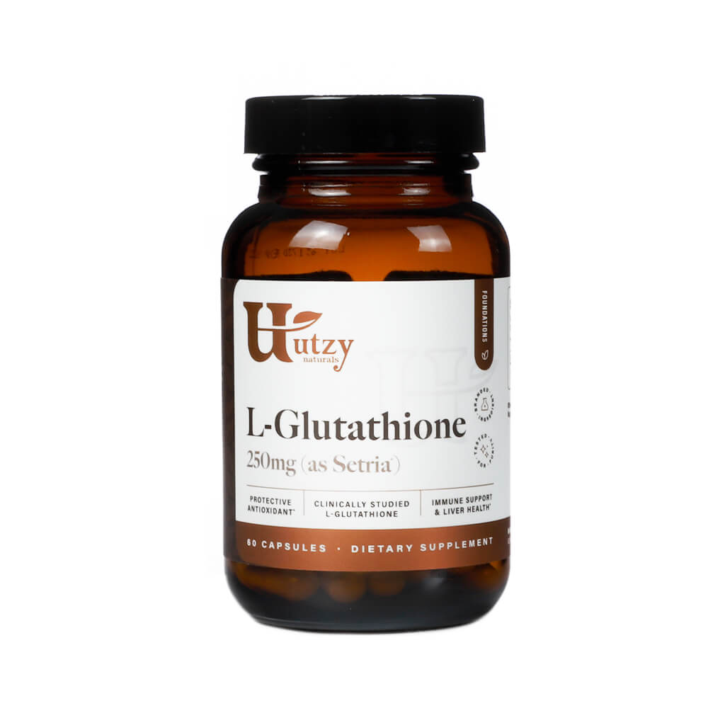 Amber bottle of Utzy Naturals L-Glutathione featuring 250mg of Setria brand L-glutathione. The label highlights benefits such as antioxidant protection, immune support, and liver health, and contains 60 capsules.