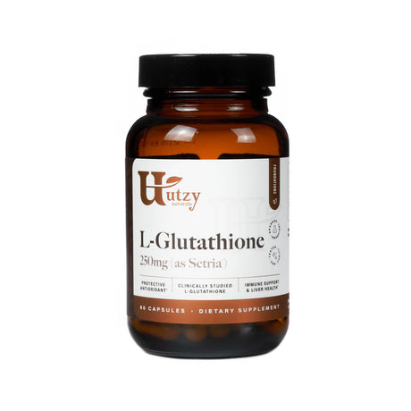 Amber bottle of Utzy Naturals L-Glutathione featuring 250mg of Setria brand L-glutathione. The label highlights benefits such as antioxidant protection, immune support, and liver health, and contains 60 capsules.