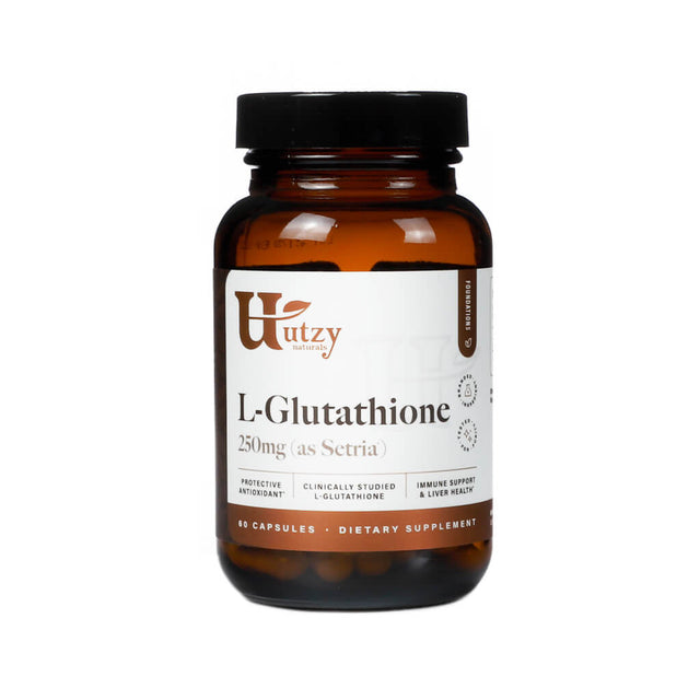 Amber bottle of Utzy Naturals L-Glutathione featuring 250mg of Setria brand L-glutathione. The label highlights benefits such as antioxidant protection, immune support, and liver health, and contains 60 capsules.