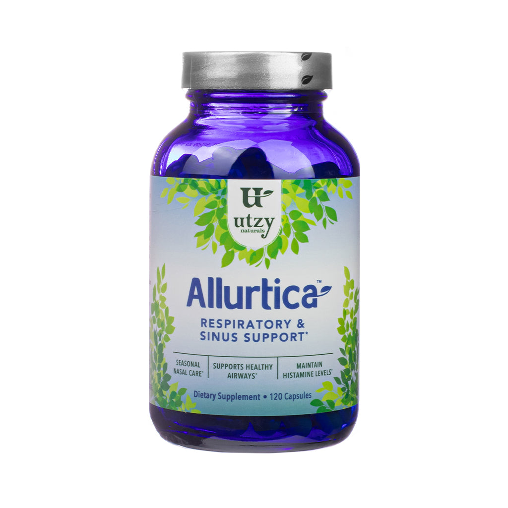 Blue bottle of Utzy Naturals Allurtica with leafy design, labeled for respiratory and sinus support. Offers seasonal nasal care, supports healthy airways, and helps maintain histamine levels.