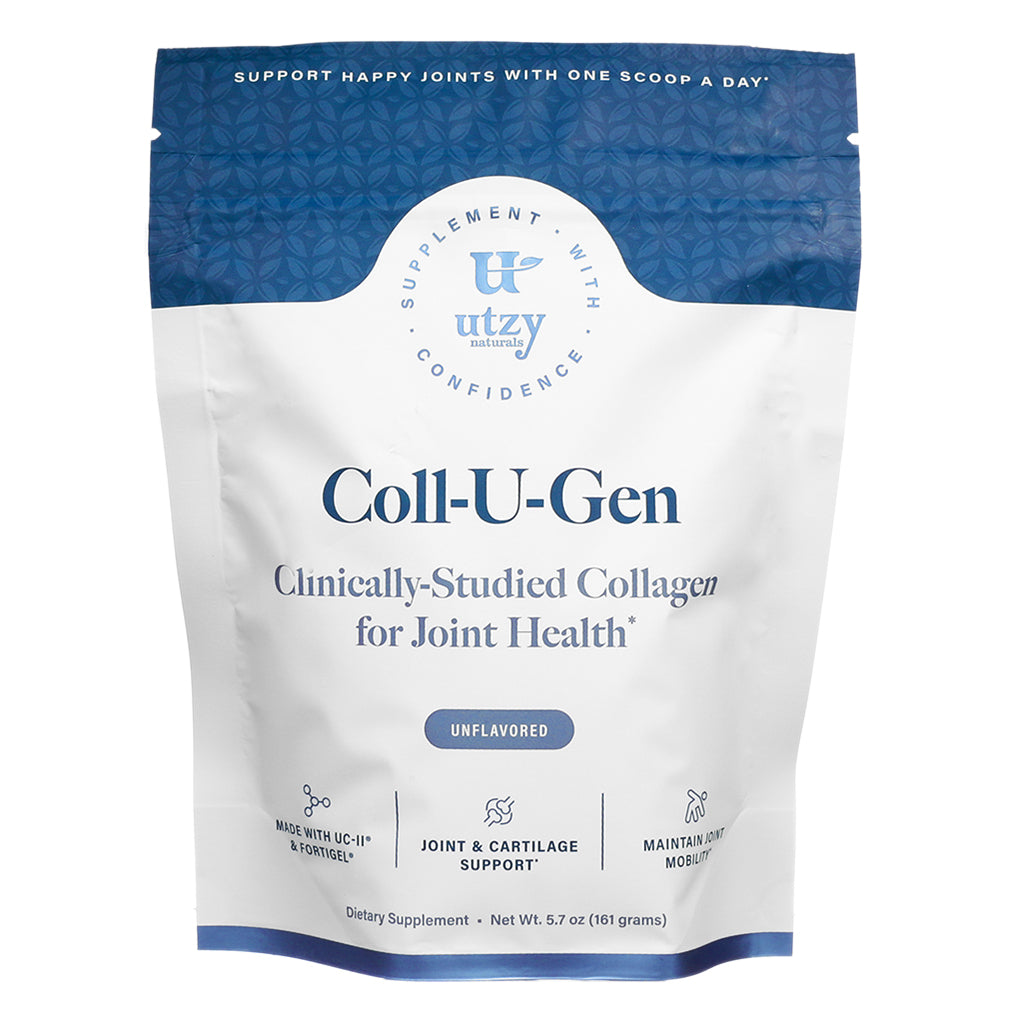 Front label of Utzy Naturals Coll-U-Gen, unflavored 5.7 oz collagen supplement for joint health, featuring UC-II and Fortigel for cartilage and mobility support.