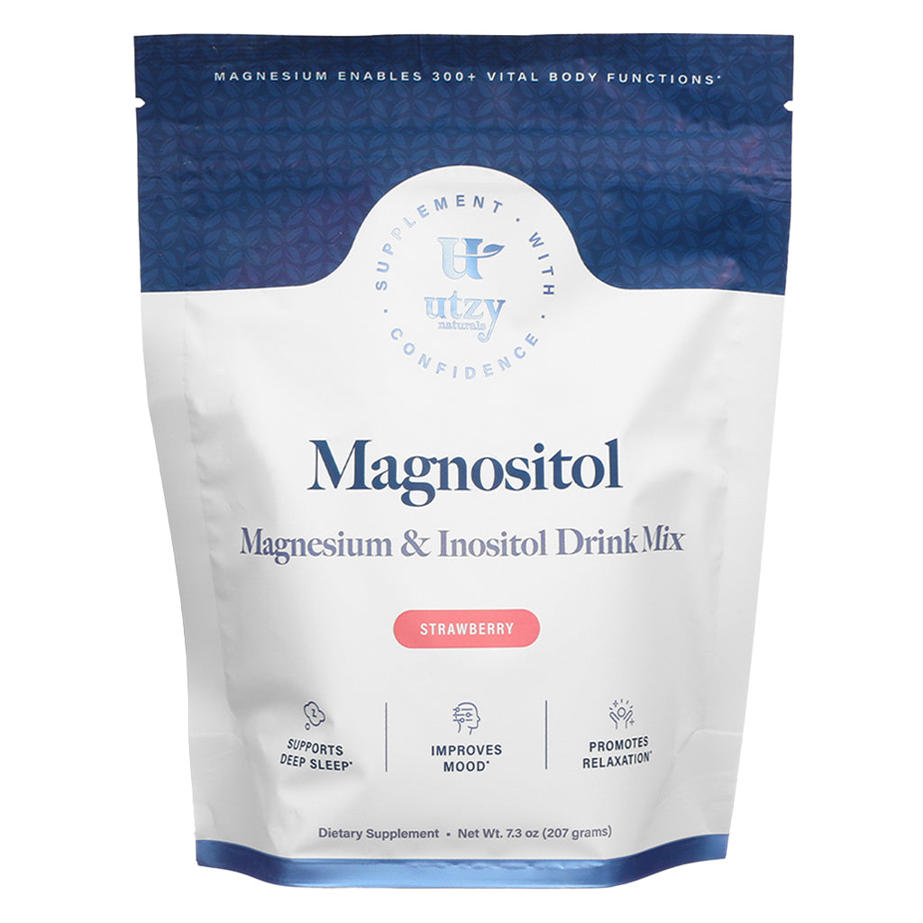 Front label of Utzy Naturals Magnositol, 7.3 oz strawberry-flavored magnesium and inositol drink mix, supporting sleep, mood, and relaxation.