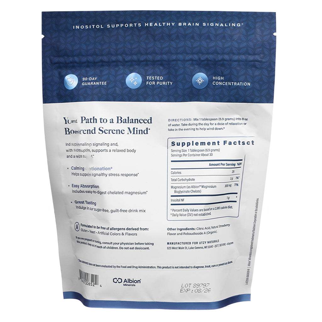 Supplement facts and back label of Utzy Naturals Magnositol, 7.3 oz strawberry flavor, with dosage instructions, nutritional content, and health benefits.

