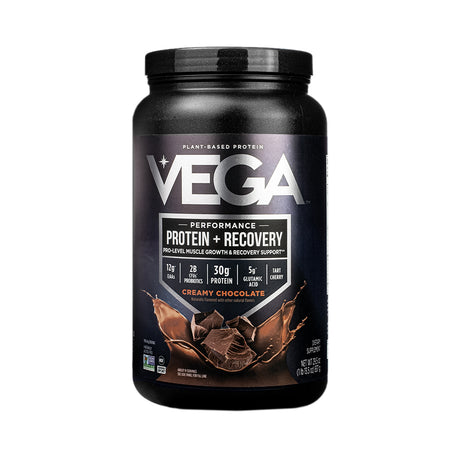 Black container of Vega Performance Protein + Recovery powder in creamy chocolate flavor. Highlights 30g protein, 12g EAAs, 5g glutamic acid, and tart cherry for muscle recovery.