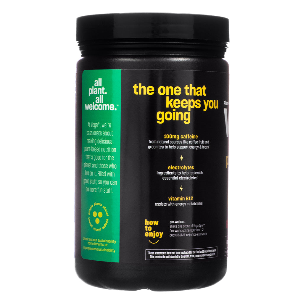 Side panel of Vega Sport Pre-Workout Energizer Berry 16.2 oz detailing product benefits such as increased energy, essential electrolytes, and vitamin B12 support. Features sustainability messaging and instructions for pre-workout use mixed with 1–2 cups of cold water.