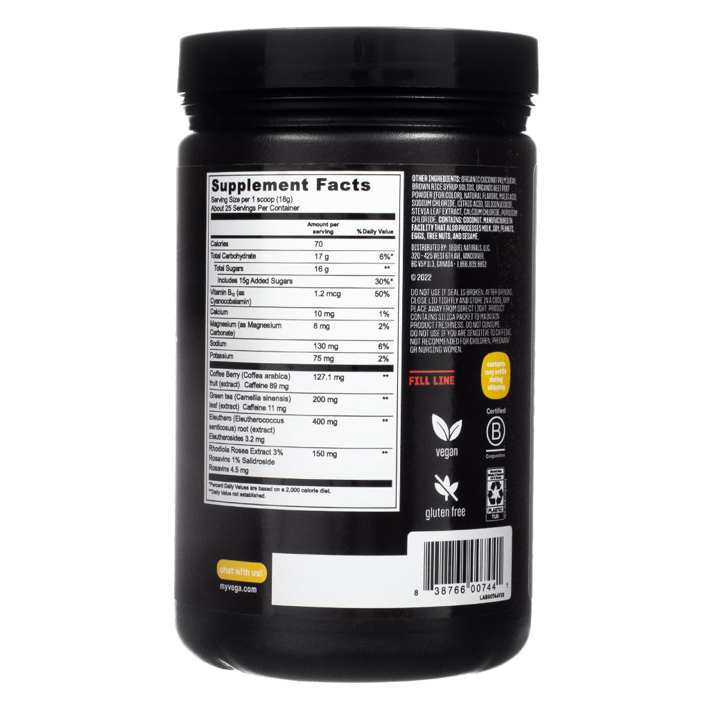 Back of Vega Sport Pre-Workout Energizer Berry 16.2 oz showing supplement facts per 18g scoop, including 70 calories, 17g carbs, 127.1mg coffee berry extract, and adaptogens like rhodiola and eleuthero. Includes ingredients list, usage caution, and certification logos.