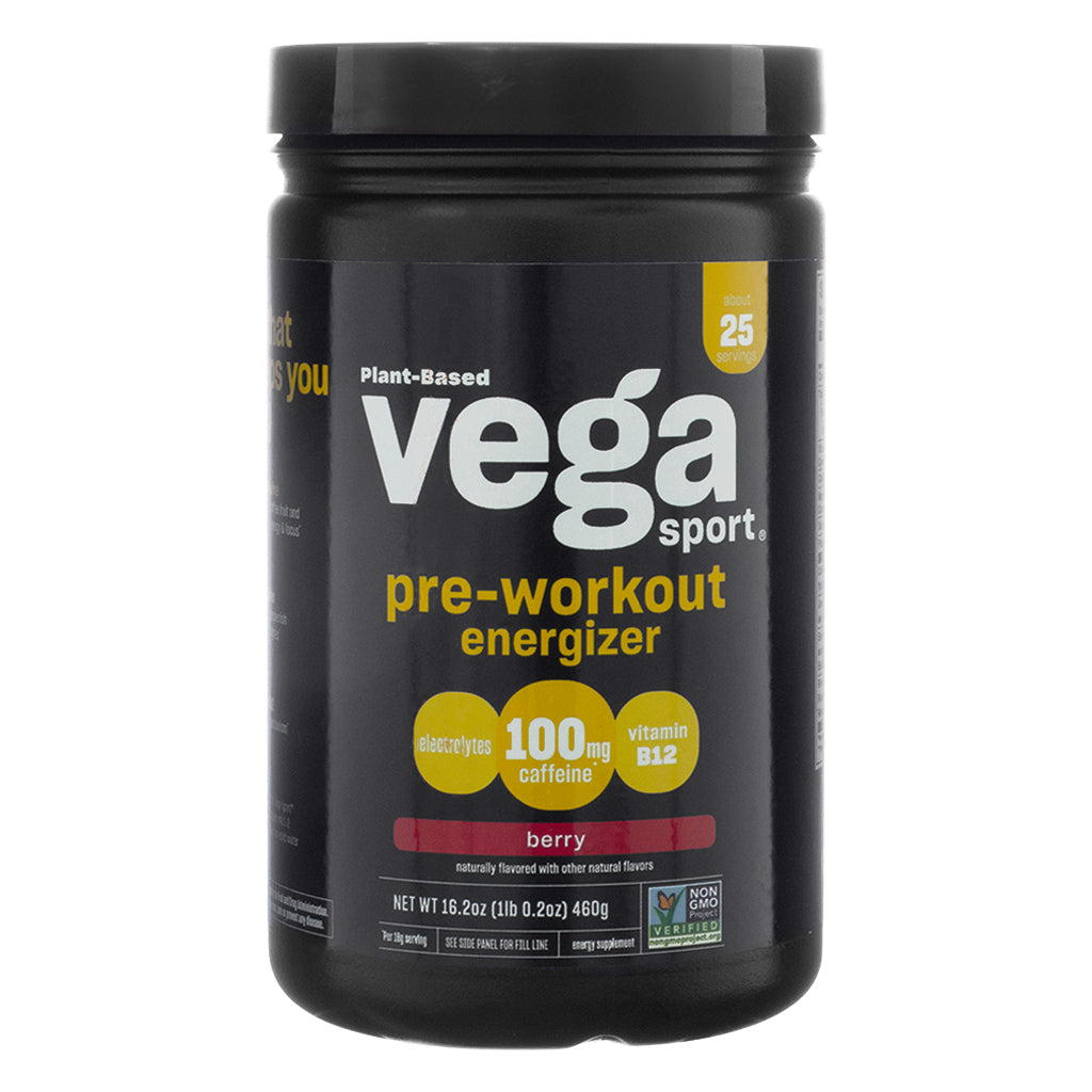 The front view of Vega Sport Premium Pre-Workout Energizer, Berry flavor, 16.2 oz, in a black plastic container with a black lid. The label highlights key benefits, including "100 mg caffeine," "electrolytes," and "vitamin B12." The product is plant-based, Non-GMO Project Verified, and designed to support energy before workouts.