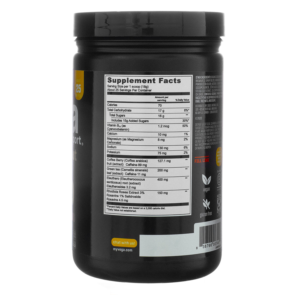 The supplement facts panel of Vega Sport Premium Pre-Workout Energizer, Berry flavor, 16.2 oz, listing ingredients and nutritional information. It details 100 mg caffeine from coffee berry extract, green tea extract, and additional adaptogens like Rhodiola Rosea and Eleuthero root. The label also shows serving size, carbohydrate content, and key vitamins.