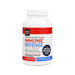 Vibrant Health Immune Defense white bottle, red and white label, 60 vegetable capsules supplement bottle