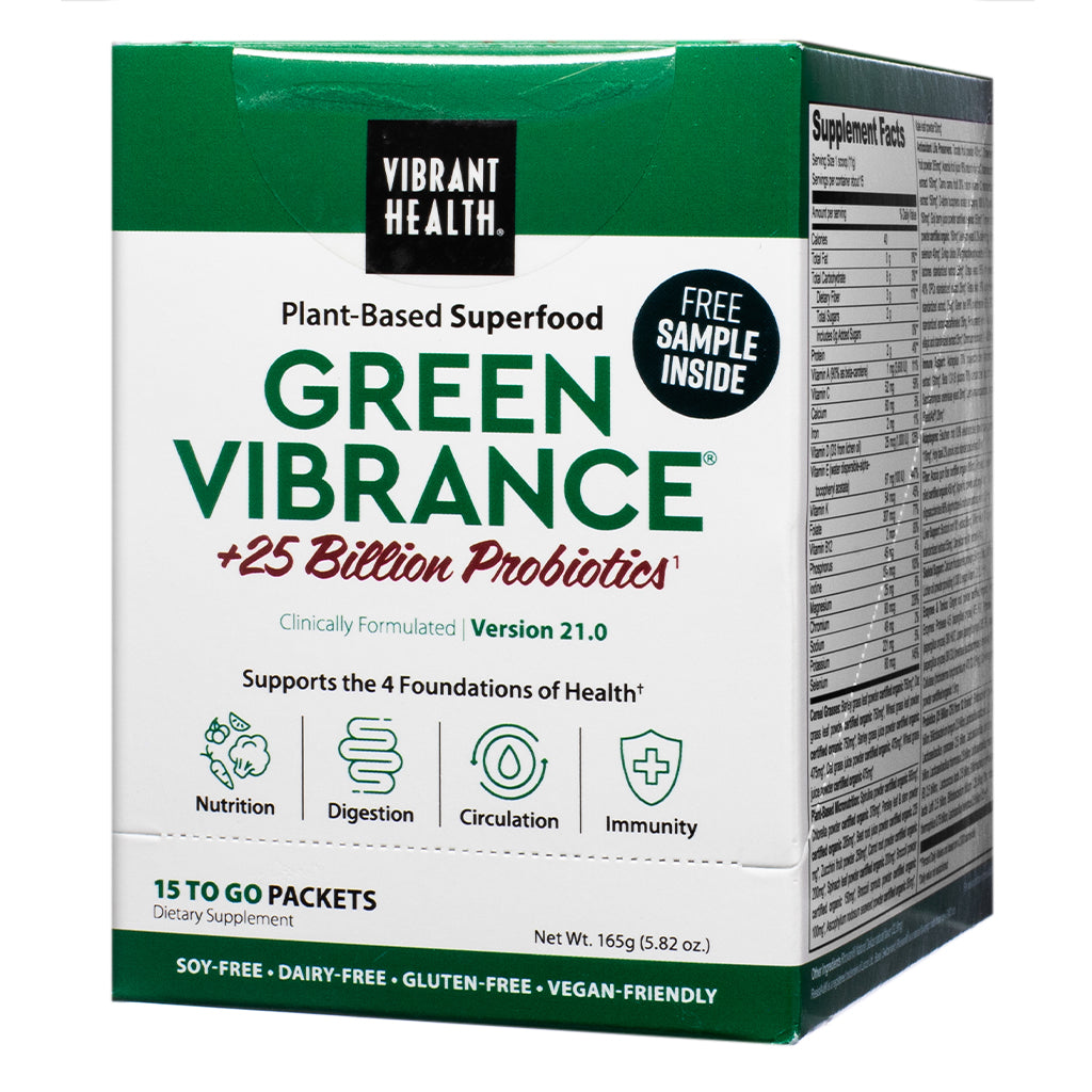 Box of Vibrant Health Green Vibrance +25 Billion Probiotics with a front label highlighting its plant-based superfood blend, version 21.0, and benefits for nutrition, digestion, circulation, and immunity. The product contains 15 to-go packets and is labeled soy-free, dairy-free, gluten-free, and vegan-friendly.