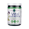 Vital Planet Vital Gut Renew Powder, front label showing gut health supplement with L-glutamine, herbs, and prebiotics in a clean white and blue design.

