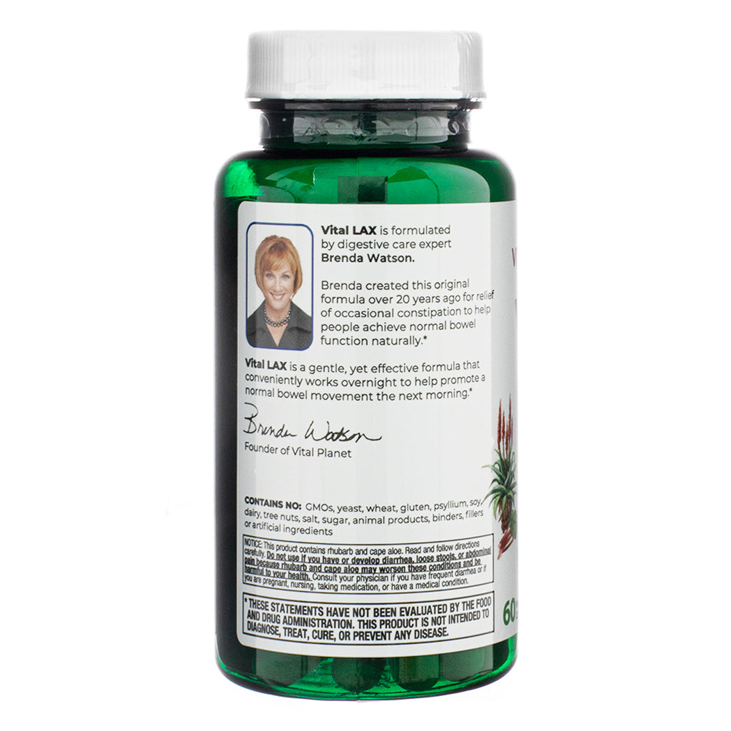 The back label of Vital Planet Vital LAX, 60 Capsules, featuring a statement from digestive care expert Brenda Watson. The text highlights the product’s formulation for occasional constipation relief and its gentle overnight effectiveness. The label also mentions that the product is free from GMOs, gluten, yeast, and artificial ingredients.