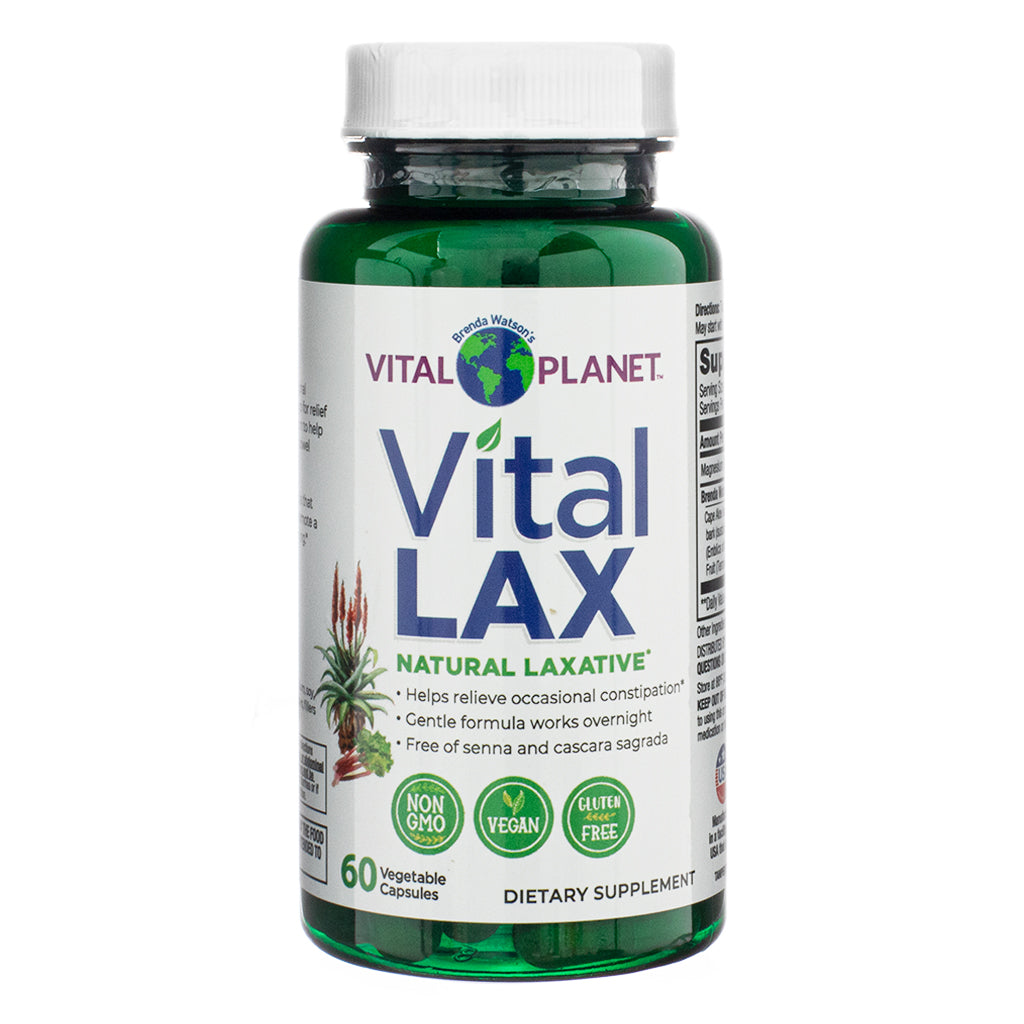 The front view of Vital Planet Vital LAX, 60 Capsules, in a green plastic bottle with a white cap. The label features the Vital Planet logo and emphasizes "Natural Laxative" benefits, including relief from occasional constipation and an overnight gentle formula. It is marked as Non-GMO, vegan, and gluten-free.