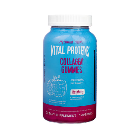 Blue and pink bottle of Vital Proteins Collagen Gummies in raspberry flavor. Contains 120 gummies and supports skin, hair, and nails with 2.5g of collagen per serving.
