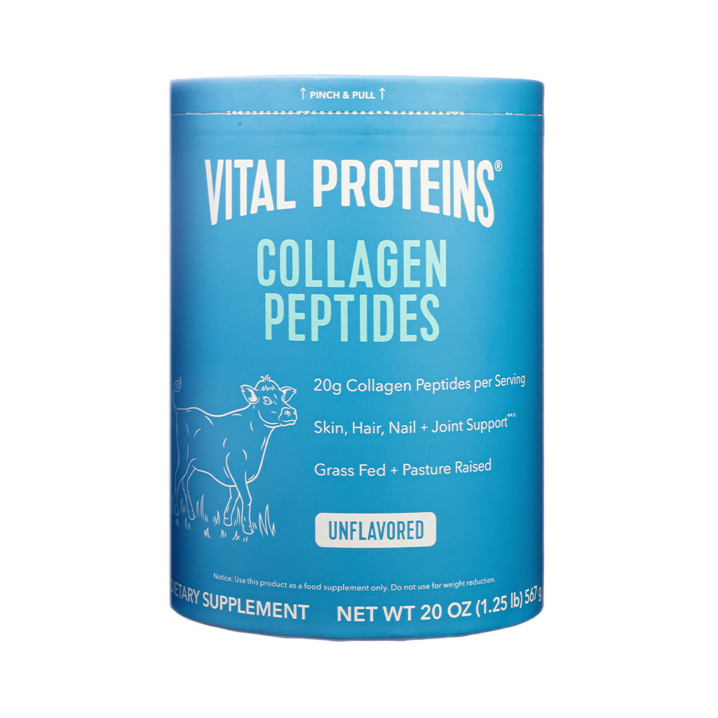 Cylindrical blue container of Vital Proteins Collagen Peptides in unflavored powder form. Promotes skin, hair, nail, and joint support with 20g collagen per serving; made from grass-fed, pasture-raised sources.
