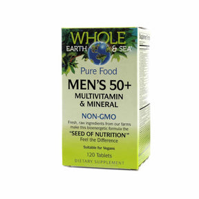 Whole Earth & Sea Men's 50+ Multivitamin & Mineral 120 tablets box, green and cream front label packaging
