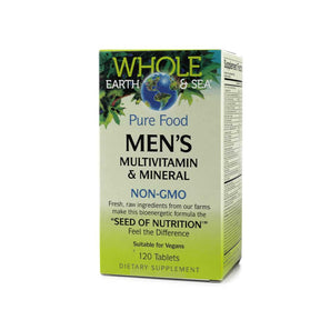 Whole Earth & Sea Pure Food Men's Multivitamin & Mineral 120 tablets box, green and cream front label carton