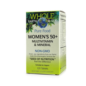Whole Earth & Sea Women's 50+ Multivitamin & Mineral 120 tablets box, green and cream package with side label