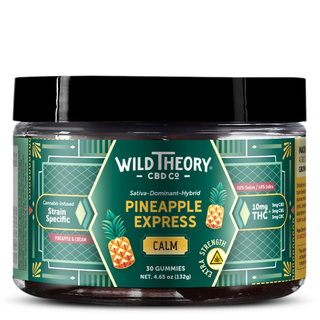 A jar of Wild Theory CBD Co.'s Calm Pineapple Express Gummies with 10mg THC per gummy, sativa-dominant hybrid, featuring pineapple and cream flavor. The jar contains 30 gummies and weighs 4.65 oz (132g).