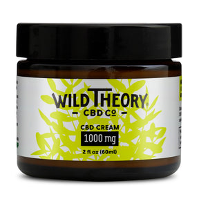 Wild Theory CBD Co CBD Cream 1000 mg, 2 fl oz amber jar with black lid and white label with green leaf design