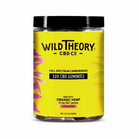 Wild Theory CBD Co Full Spectrum CBD Gummies strawberry, 120 gummies jar with yellow label and black lid