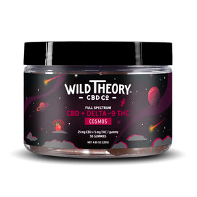 Wild Theory CBD Co Cosmos Delta-9 THC gummies jar, black lid and space-themed label, 30 gummies, strawberry