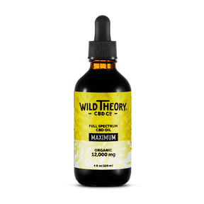 Wild Theory CBD Co Full Spectrum CBD Oil Maximum 4 fl oz amber dropper bottle with yellow label, 12,000 mg