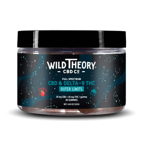 Wild Theory CBD Co Outer Limits Delta-9 THC strawberry gummies, black 30-count jar with blue constellation label
