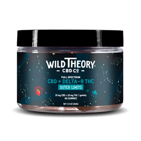 Wild Theory CBD Co Outer Limits CBD + Delta-9 THC strawberry gummies jar, black lid, blue label, 60 gummies