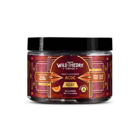 Wild Theory CBD Co Relief ACDC Hybrid gummies jar, black lid with red-orange label, 60 gummies, 10mg THC
