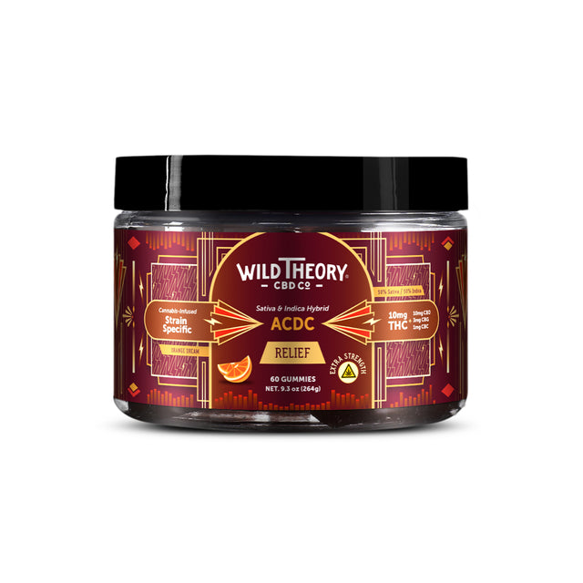 Wild Theory CBD Co ACDC Relief Gummies Extra Strength, 10mg THC with 10mg CBD, 5mg CBC, and 1mg CBG per gummy. A jar containing 60 gummies, 9.3 oz (264g), labeled as cannabis-infused strain-specific with an Orange Dream flavor and a 50% Sativa, 50% Indica hybrid blend.