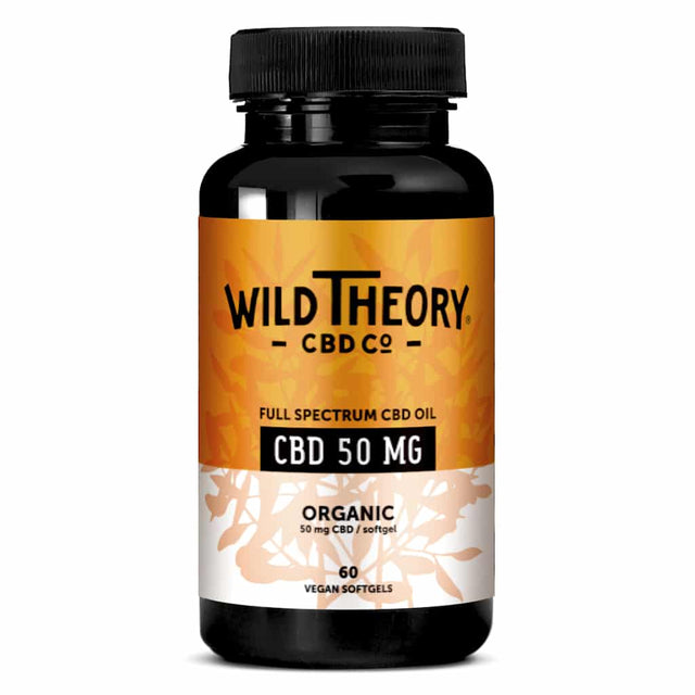 Image of Wild Theory Full Spectrum CBD Softgels, 60-count, with each capsule containing 50mg of CBD. Packaging highlights its organic ingredients and showcases a clean, golden design.