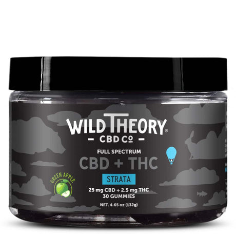 Black jar of Wild Theory Strata CBD + THC Gummies in Green Apple flavor, containing 30 gummies. The label specifies 25 mg CBD + 2.5 mg THC per gummy with a net weight of 4.65 oz (132g), displayed on a plain background.