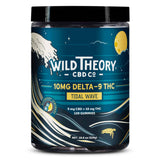 A larger jar of Wild Theory CBD Co.’s Tidal Wave gummies with the same Delta-9 THC blueberry lemonade formula. The packaging features the wave and moon motif, with a net weight of 18.6 oz (528g).