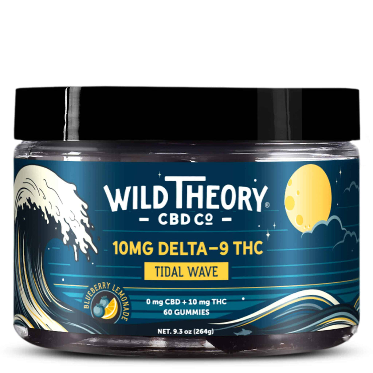 Clear plastic jar with a black lid labeled “Wild Theory CBD Co Tidal Wave,” containing 60 blueberry lemonade flavored gummies with 10 mg Delta-9 THC and 0 mg CBD per gummy. The packaging features a night sky, a moon, and a crashing wave illustration, with a net weight of 9.3 oz (264g).