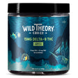 A medium-sized jar of Wild Theory CBD Co. Abyss gummies, featuring a deep-sea design with an anglerfish, coral, and a shipwreck. The label indicates 15mg Delta-9 THC per gummy with no CBD, totaling 60 blueberry lemonade flavored gummies.