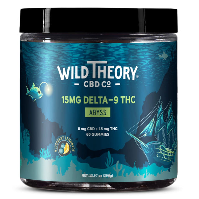 A medium-sized jar of Wild Theory CBD Co. Abyss gummies, featuring a deep-sea design with an anglerfish, coral, and a shipwreck. The label indicates 15mg Delta-9 THC per gummy with no CBD, totaling 60 blueberry lemonade flavored gummies.