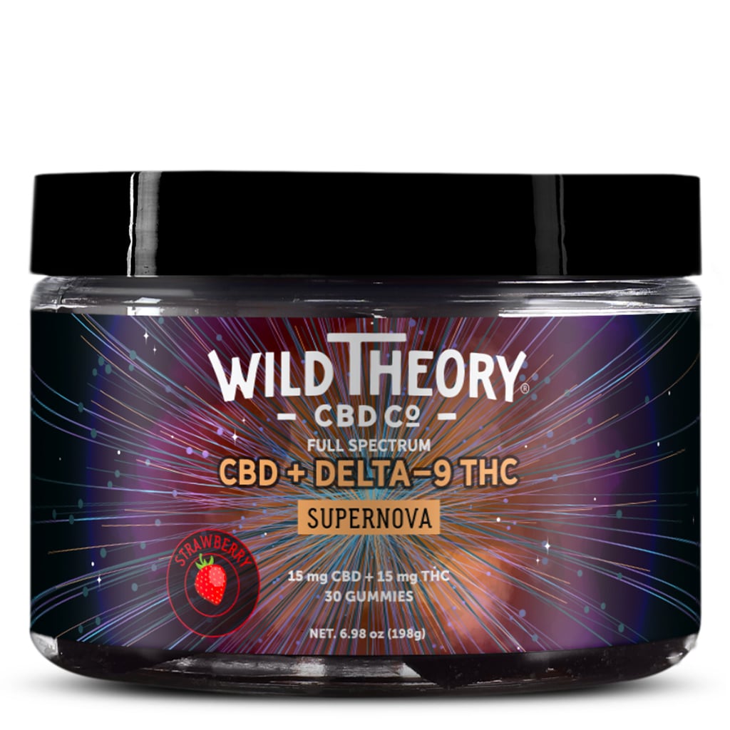 Image of Wild Theory Supernova Gummies in a 30-count jar, featuring 15mg CBD and 15mg Delta-9 THC per gummy. Packaging highlights the strawberry flavor and a bold, cosmic-inspired design with a focus on full-spectrum CBD.